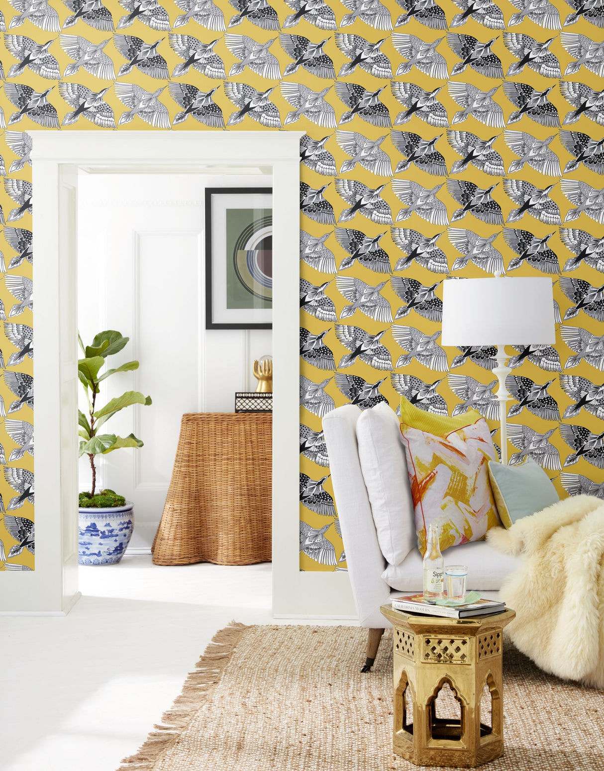 Feather Flight Yellow Peel & Stick Wallpaper with Graphic Birds Motif - York PSW1350RL