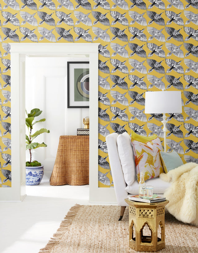 Feather Flight Yellow Peel & Stick Wallpaper with Graphic Birds Motif - York PSW1350RL