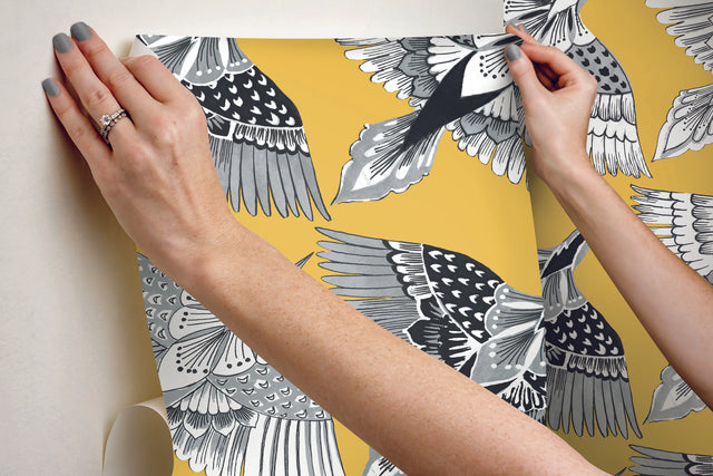Feather Flight Yellow Peel & Stick Wallpaper with Graphic Birds Motif - York PSW1350RL