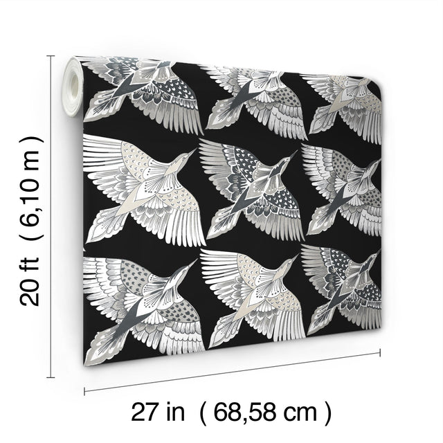 Feather Flight Black Peel & Stick Wallpaper with Animal Bird Motif, Matte Non-Woven  York PSW1351RL