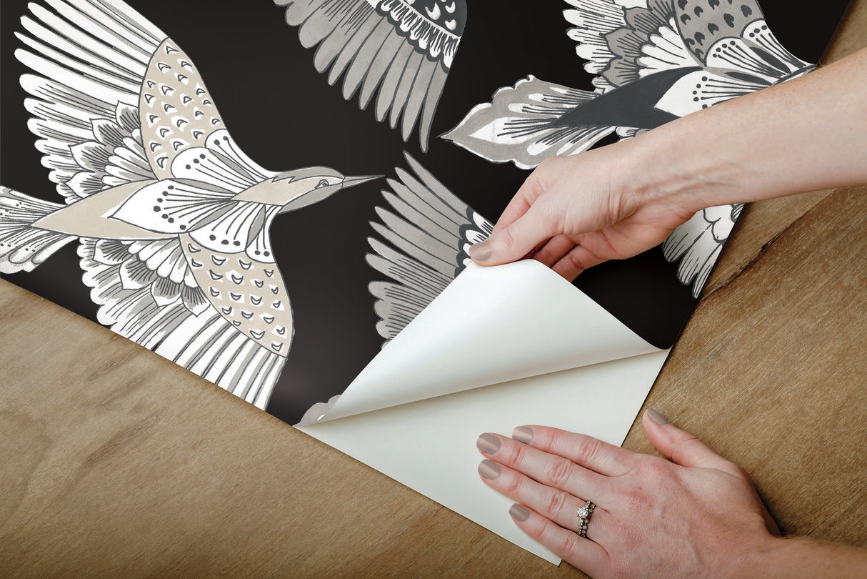 Feather Flight Black Peel & Stick Wallpaper with Animal Bird Motif, Matte Non-Woven  York PSW1351RL