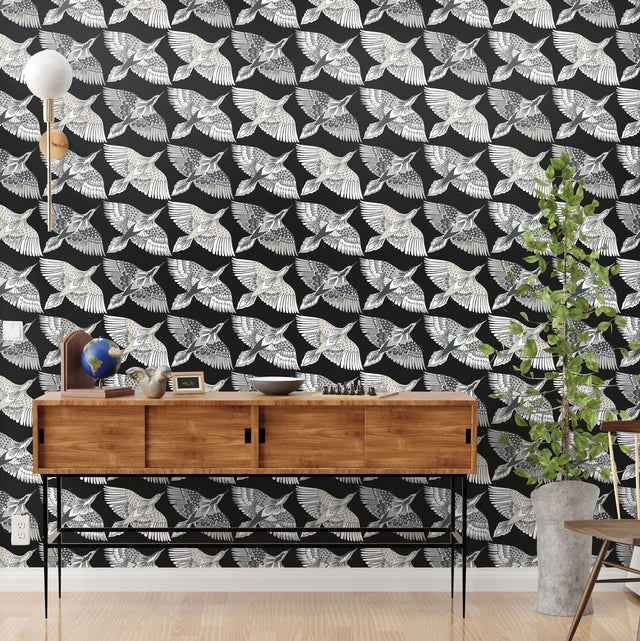 Feather Flight Black Peel & Stick Wallpaper with Animal Bird Motif, Matte Non-Woven  York PSW1351RL