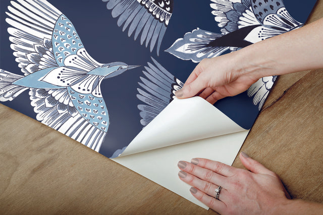Feather Flight Blue Peel & Stick Wallpaper with Birds Pattern, Matte Non-Woven - York PSW1352RL