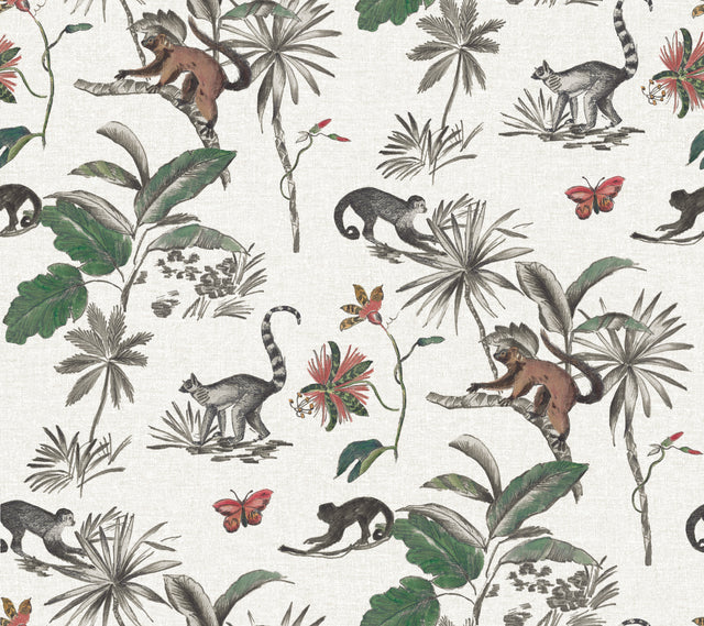 Botanicals & Lemurs White & Green Peel & Stick Wallpaper with Tropical Lemur & Palm Motif - York PSW1353RL