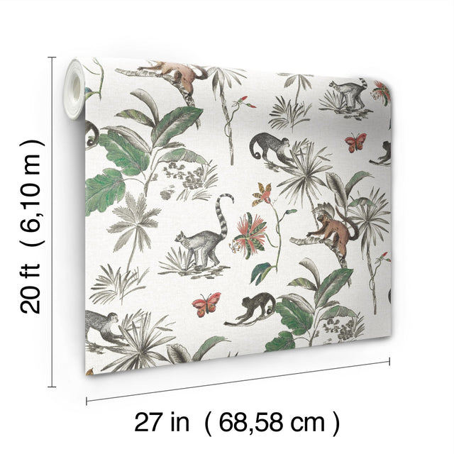 Botanicals & Lemurs White & Green Peel & Stick Wallpaper with Tropical Lemur & Palm Motif - York PSW1353RL