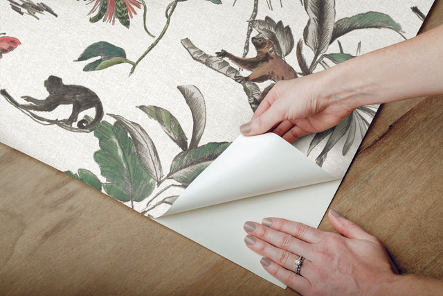 Botanicals & Lemurs White & Green Peel & Stick Wallpaper with Tropical Lemur & Palm Motif - York PSW1353RL