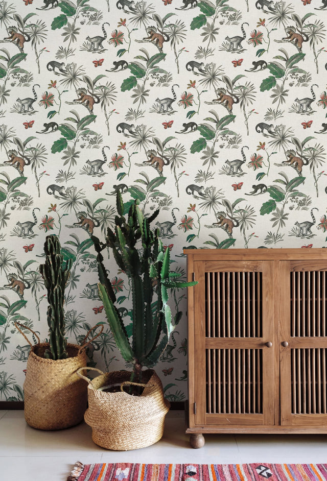 Botanicals & Lemurs White & Green Peel & Stick Wallpaper with Tropical Lemur & Palm Motif - York PSW1353RL
