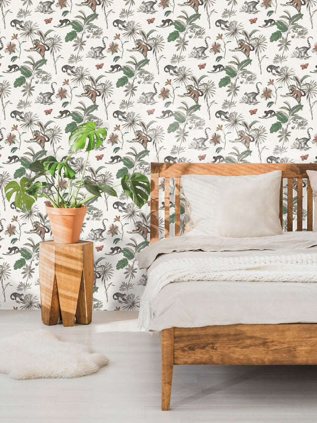 Botanicals & Lemurs White & Green Peel & Stick Wallpaper with Tropical Lemur & Palm Motif - York PSW1353RL