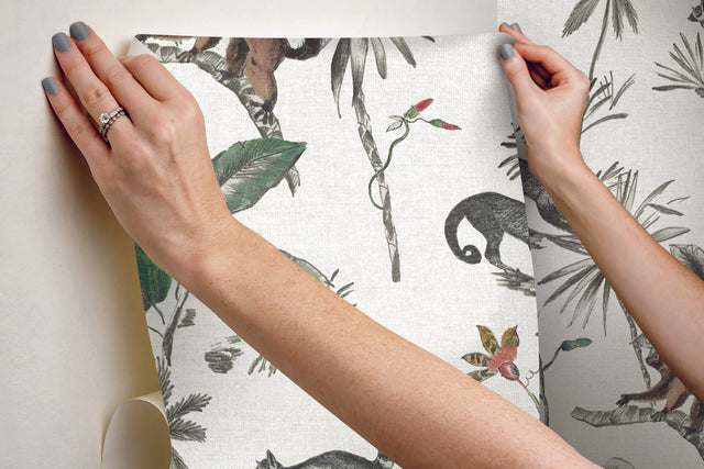 Botanicals & Lemurs White & Green Peel & Stick Wallpaper with Tropical Lemur & Palm Motif - York PSW1353RL