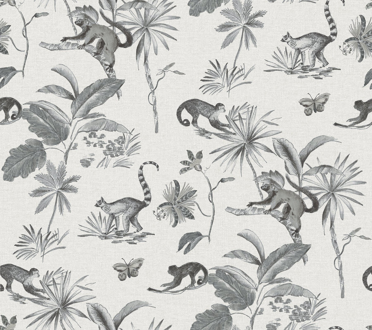 Botanicals & Lemurs Grey Peel & Stick Non Woven Wallpaper with Tropical Wildlife Motif - York PSW1354RL