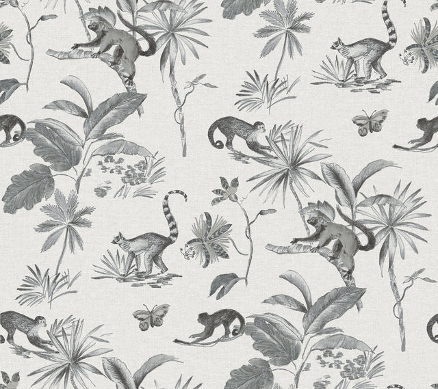 Botanicals & Lemurs Grey Peel & Stick Non Woven Wallpaper with Tropical Wildlife Motif - York PSW1354RL