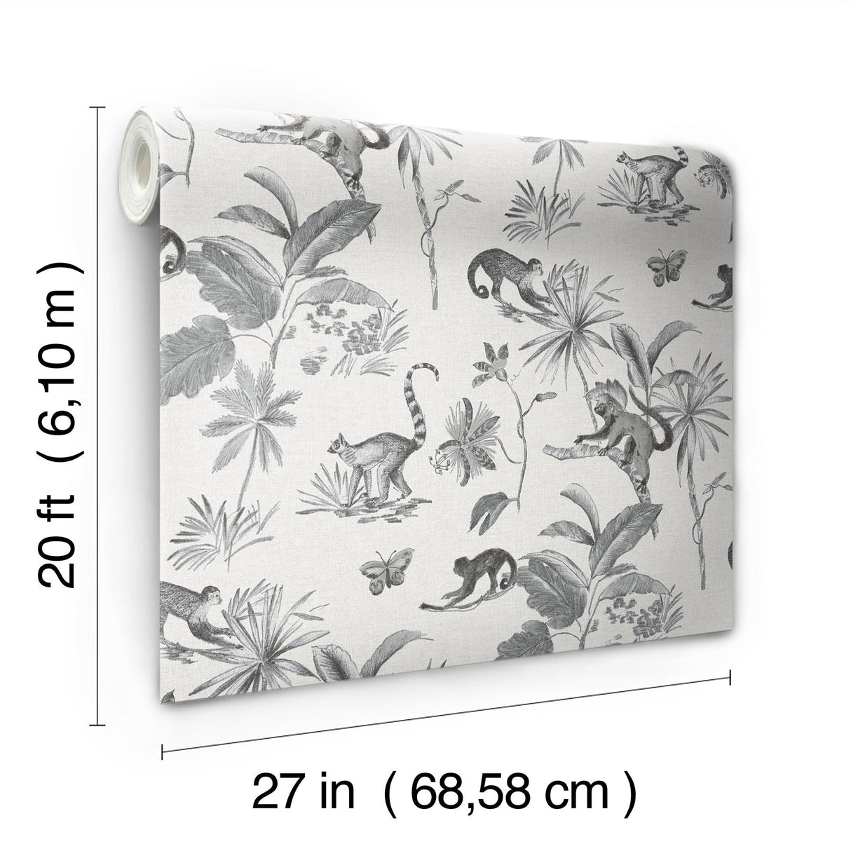Botanicals & Lemurs Grey Peel & Stick Non Woven Wallpaper with Tropical Wildlife Motif - York PSW1354RL