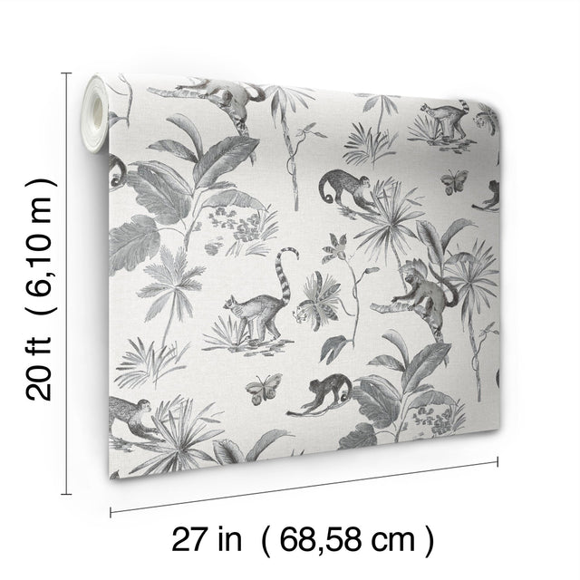 Botanicals & Lemurs Grey Peel & Stick Non Woven Wallpaper with Tropical Wildlife Motif - York PSW1354RL