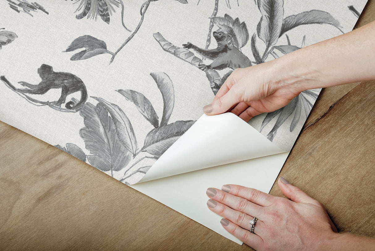 Botanicals & Lemurs Grey Peel & Stick Non Woven Wallpaper with Tropical Wildlife Motif - York PSW1354RL