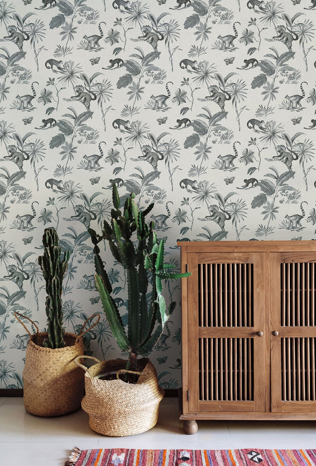 Botanicals & Lemurs Grey Peel & Stick Non Woven Wallpaper with Tropical Wildlife Motif - York PSW1354RL
