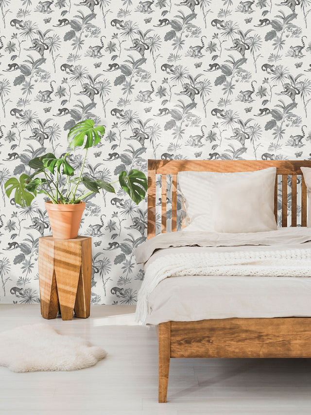 Botanicals & Lemurs Grey Peel & Stick Non Woven Wallpaper with Tropical Wildlife Motif - York PSW1354RL
