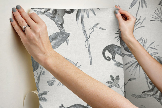 Botanicals & Lemurs Grey Peel & Stick Non Woven Wallpaper with Tropical Wildlife Motif - York PSW1354RL