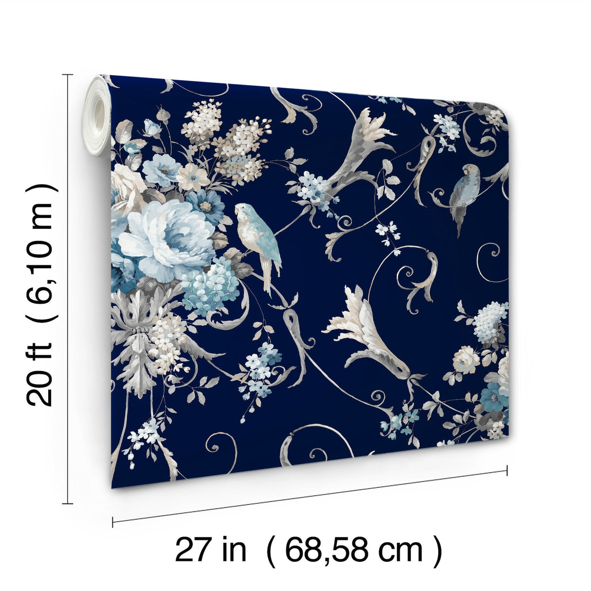 Parrots with Floral Bouquets Navy by York Wallcoverings Peel & Stick Wallpaper- York Wallcoverings PSW1360RL