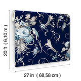 Parrots with Floral Bouquets Navy by York Wallcoverings Peel & Stick Wallpaper- York Wallcoverings PSW1360RL