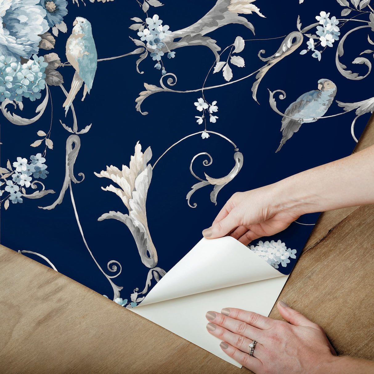Parrots with Floral Bouquets Navy by York Wallcoverings Peel & Stick Wallpaper- York Wallcoverings PSW1360RL