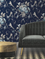 Parrots with Floral Bouquets Navy by York Wallcoverings Peel & Stick Wallpaper- York Wallcoverings PSW1360RL