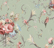Parrots with Floral Bouquets Eucalyptus Peel and Stick Wallpaper featuring baroque scrolls, colorful parrots, and lush floral bouquets on a sage green background by York Wallcoverings PSW1361RL