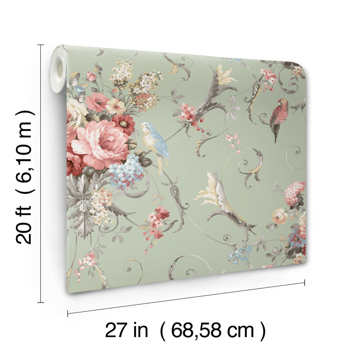 Parrots with Floral Bouquets Eucalyptus by York Wallcoverings Baroque Inspired Bird and Floral Peel and Stick Wallpaper - PSW1361RL