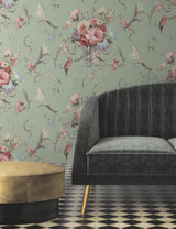 Parrots with Floral Bouquets Eucalyptus by York Wallcoverings Baroque Inspired Bird and Floral Peel and Stick Wallpaper - PSW1361RL