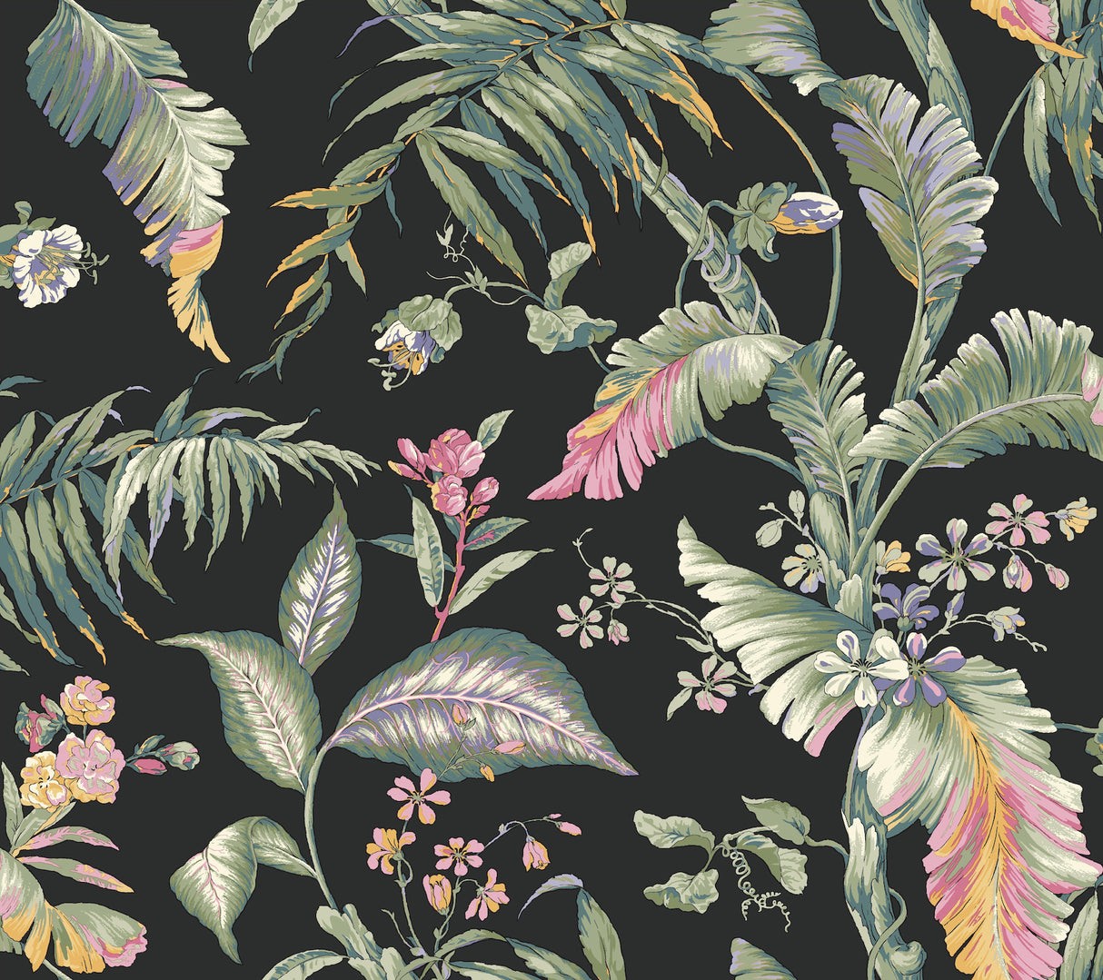 Fiji Garden Black Peel & Stick Wallpaper being applied; tropical leaves on black.