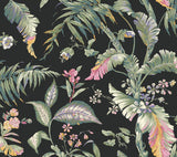 Fiji Garden Black Peel & Stick Wallpaper being applied; tropical leaves on black.