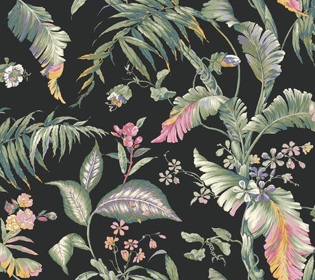Fiji Garden Black Peel & Stick Wallpaper being applied; tropical leaves on black.