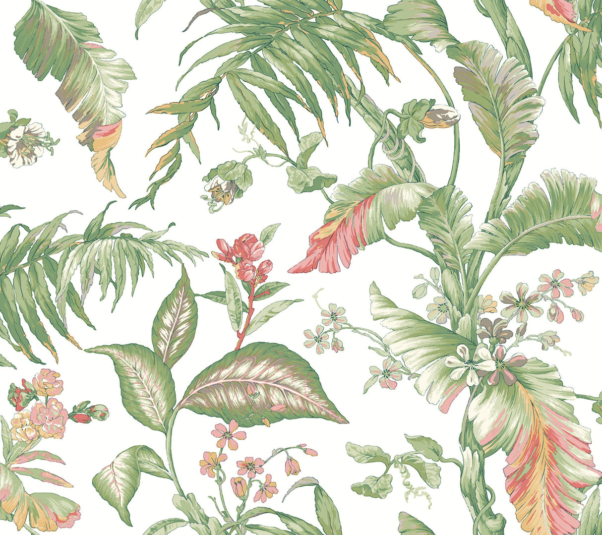 Fiji Garden Pink peel and stick wallpaper by York Wallcoverings, tropical leaves and flowers