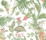 Fiji Garden Pink peel and stick wallpaper by York Wallcoverings, tropical leaves and flowers