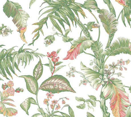 Fiji Garden Pink peel and stick wallpaper by York Wallcoverings, tropical leaves and flowers