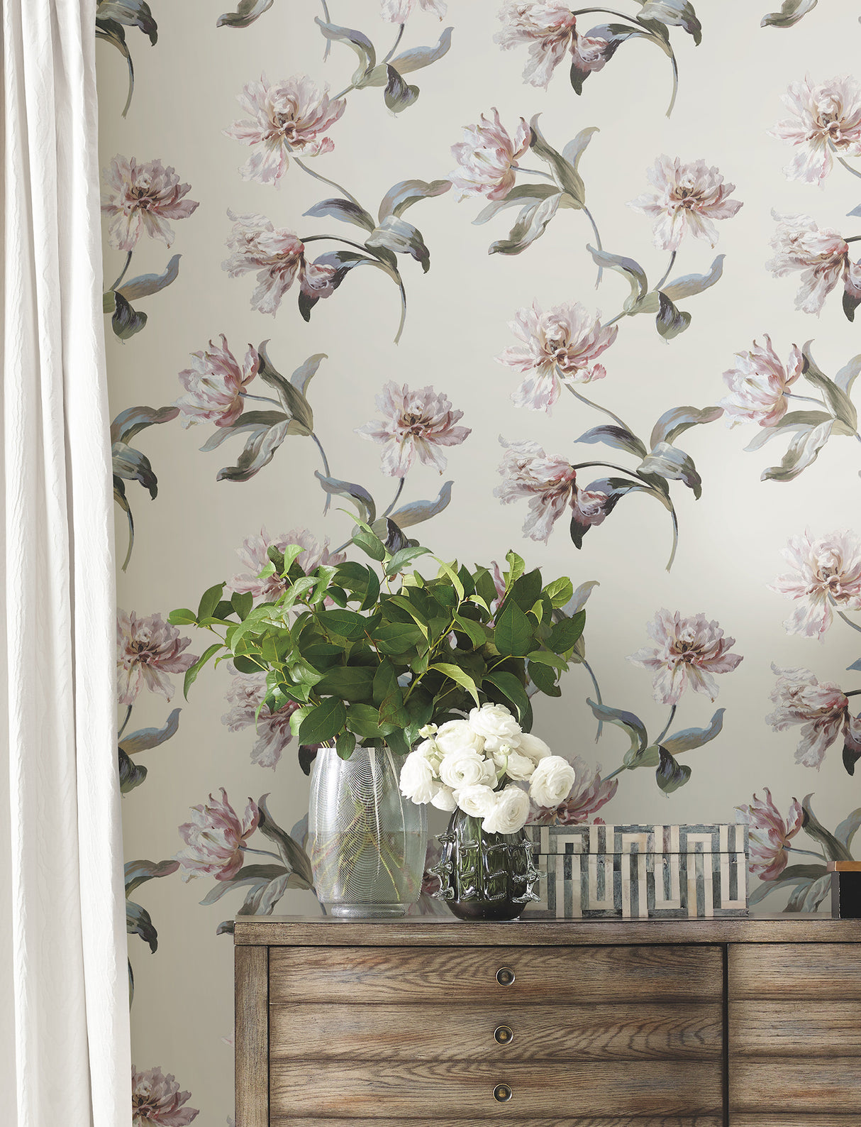 Large Parrot Tulip Neutral Botanical Floral Non Woven Peel and Stick Wallpaper by York Wallcoverings Vintage Florals Collection - PSW1373RL