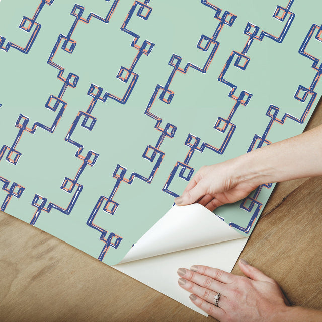 Bamboozled Sky Blue Peel & Stick Wallpaper with Geometric Trellis Pattern - York PSW1388RL