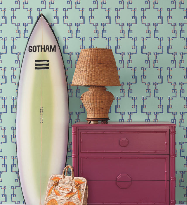 Bamboozled Sky Blue Peel & Stick Wallpaper with Geometric Trellis Pattern - York PSW1388RL