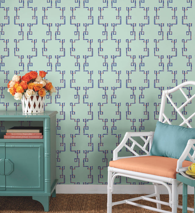 Bamboozled Sky Blue Peel & Stick Wallpaper with Geometric Trellis Pattern - York PSW1388RL