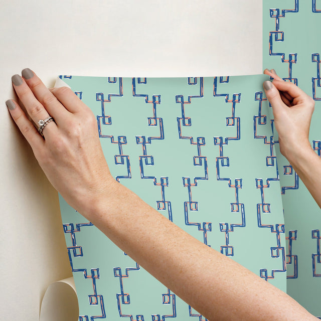 Bamboozled Sky Blue Peel & Stick Wallpaper with Geometric Trellis Pattern - York PSW1388RL