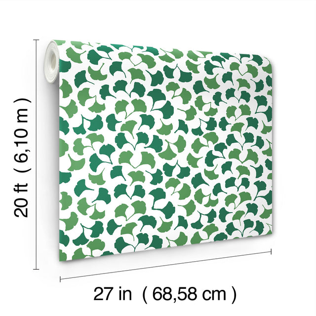 Forest Glade Forest Green Peel & Stick Wallpaper with Botanical Ginkgo Leaf Pattern - York PSW1389RL