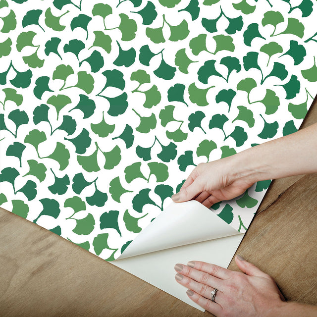 Forest Glade Forest Green Peel & Stick Wallpaper with Botanical Ginkgo Leaf Pattern - York PSW1389RL