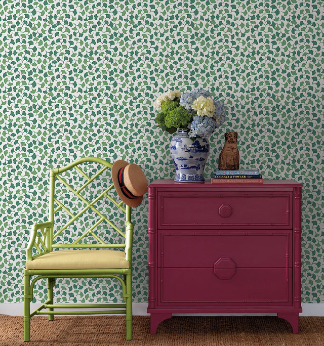 Forest Glade Forest Green Peel & Stick Wallpaper with Botanical Ginkgo Leaf Pattern - York PSW1389RL