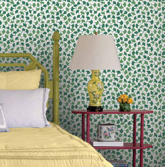 Forest Glade Forest Green Peel & Stick Wallpaper with Botanical Ginkgo Leaf Pattern - York PSW1389RL
