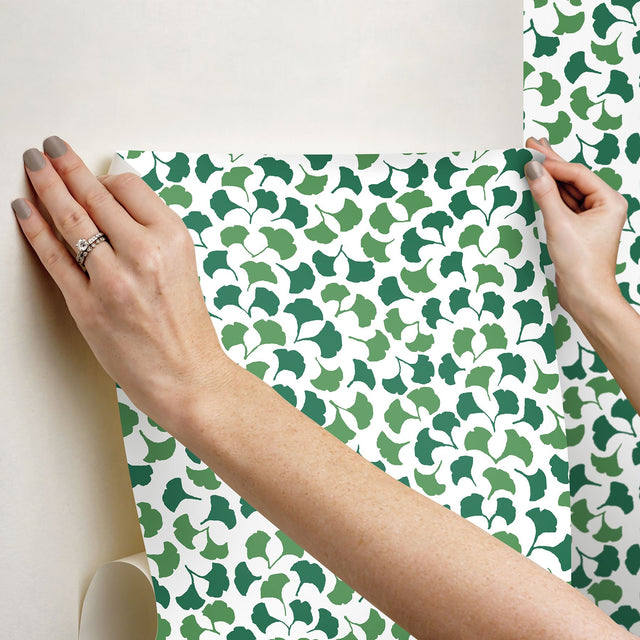 Forest Glade Forest Green Peel & Stick Wallpaper with Botanical Ginkgo Leaf Pattern - York PSW1389RL