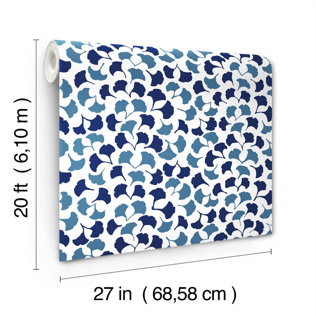 Forest Glade Navy Blue Peel & Stick Wallpaper with Botanical Ginkgo Leaf Motif - York PSW1390RL