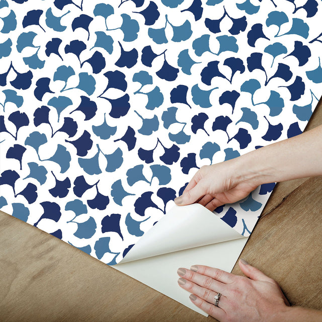 Forest Glade Navy Blue Peel & Stick Wallpaper with Botanical Ginkgo Leaf Motif - York PSW1390RL