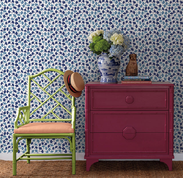 Forest Glade Navy Blue Peel & Stick Wallpaper with Botanical Ginkgo Leaf Motif - York PSW1390RL