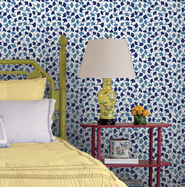 Forest Glade Navy Blue Peel & Stick Wallpaper with Botanical Ginkgo Leaf Motif - York PSW1390RL