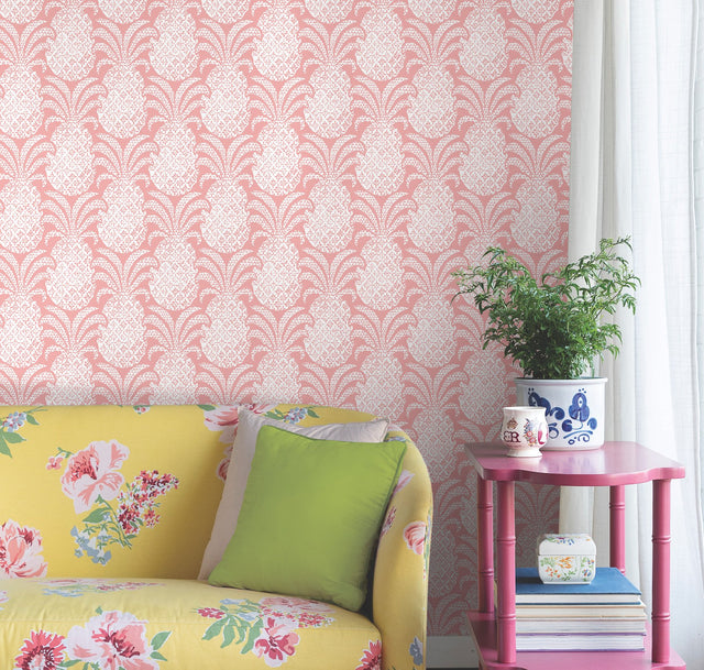 Colony Club Shell Pink Peel & Stick Wallpaper with Botanical Pineapple Motif - York PSW1391RL