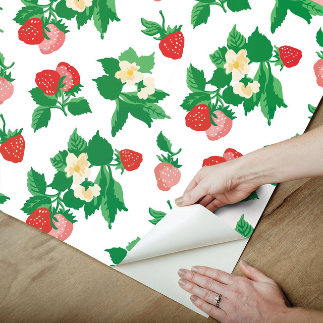 Berry Nice Berry Pink Peel & Stick Wallpaper with Botanical Strawberry Motif - York PSW1395RL